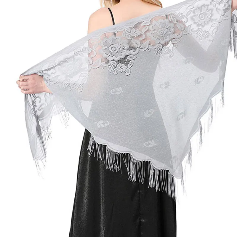 Fashion Women Solid Color Triangle Wrap Shawl Tassel Flower Lace Scarf Summer Sunscreen Cape Hollow Mesh Scarves Headscarf
