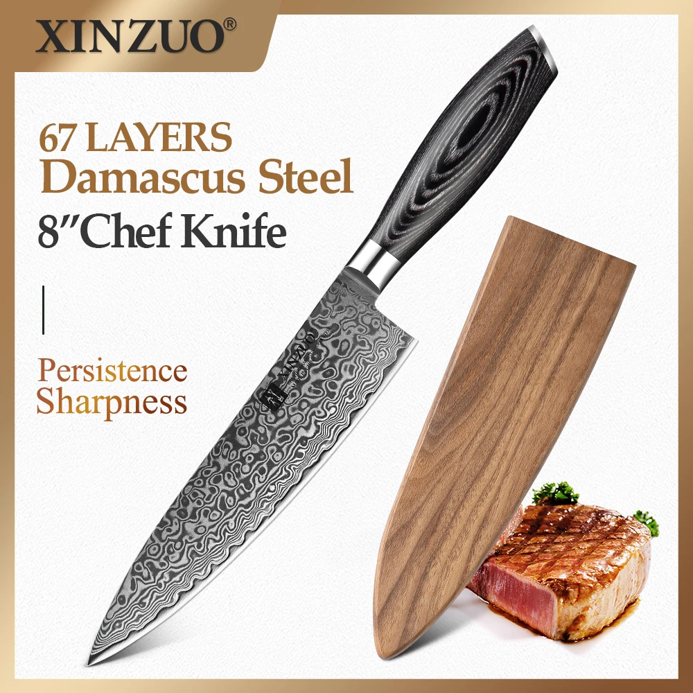 

XINZUO 8 Inches Chef Knife Gyutou Knife Japanese VG10 Damascus Kitchen Knives Stainless Steel Butcher Knife Pakka Wood Handle