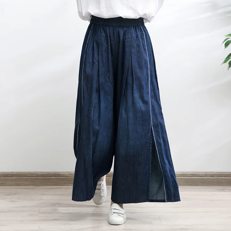 tiyihailey-free-shipping-wide-leg-long-pants-for-women-trousers-denim-jeans-elastic-waist-casual-pants-with-pockets-slit