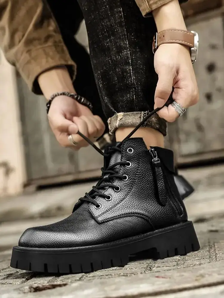 

Мужские демисезонные кожаные высокие повседневные ботинки на толстой нескользящей подошве, дышащие деловые повседневные рабочие ботинки в британском стиле