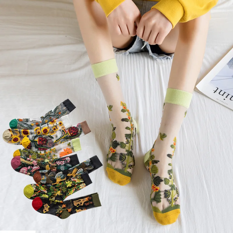 All-match Ultrathin Glass Silk Socks Creative Floral Transparent Silk Print Women Socks Korea Fashion Jacquard Socks