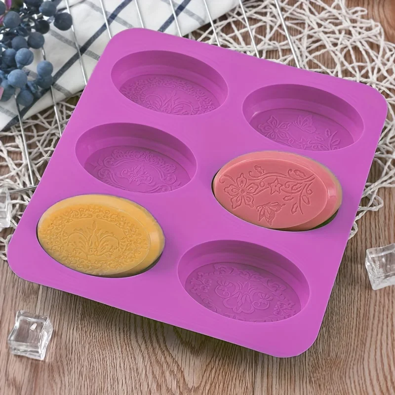 6-Cavity Oval Silicone Soap Mold Elegant Flower Design Non-Stick Easy Release For Diy Handmade Soaps Jelly And Baking