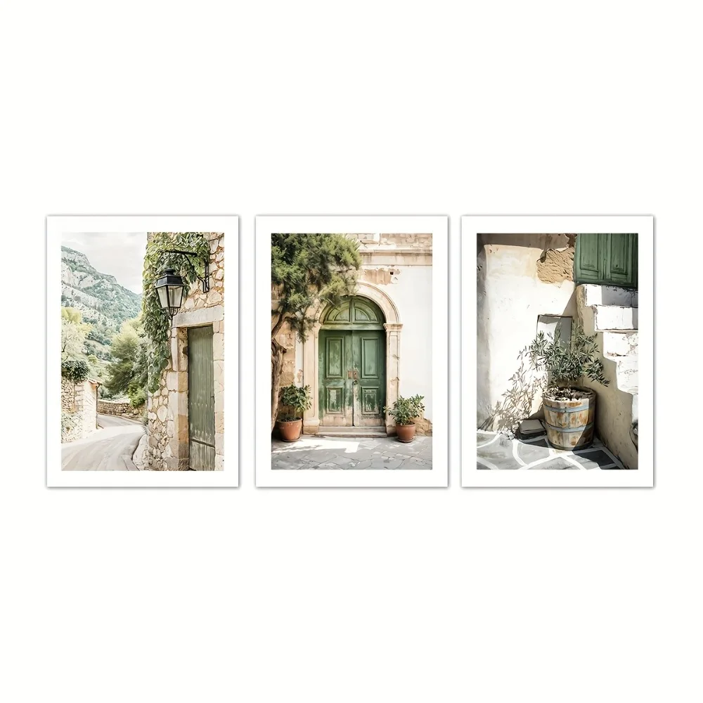Frameless Green Bohemian Door Print with Olive Tree and Floral Theme