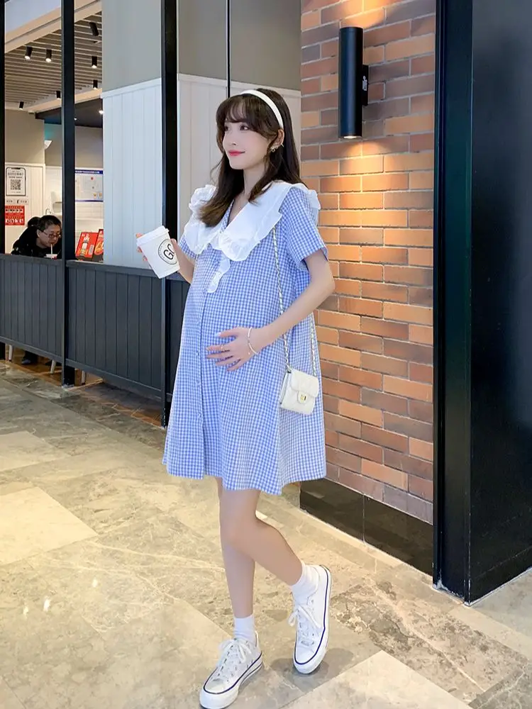 Blue 2024 Summer Maternity Clothes Ruffled Large Peter Pan Collar Short Sleeve Pregnant Woman A-Line Dress Pregnancy Plaid Dress