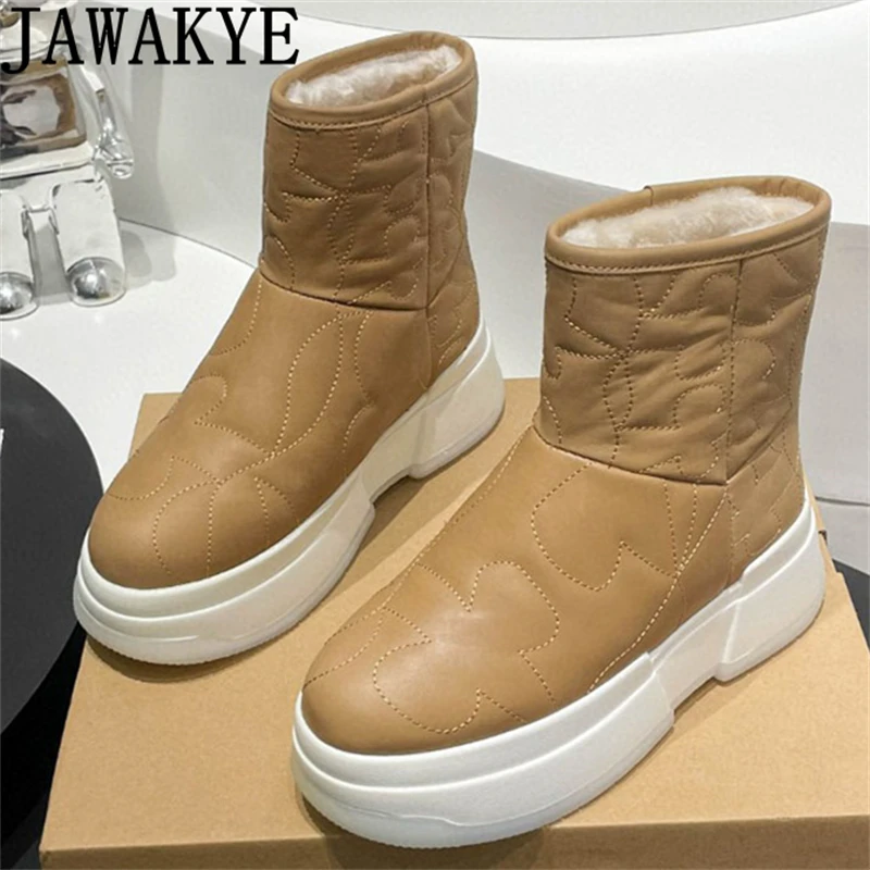 

Winter Genuine Leather Wool Lining Snow Boots For Women Thick Sole Warm Fur Ankle Boots Casual Flat Platform Short Botas Mujer