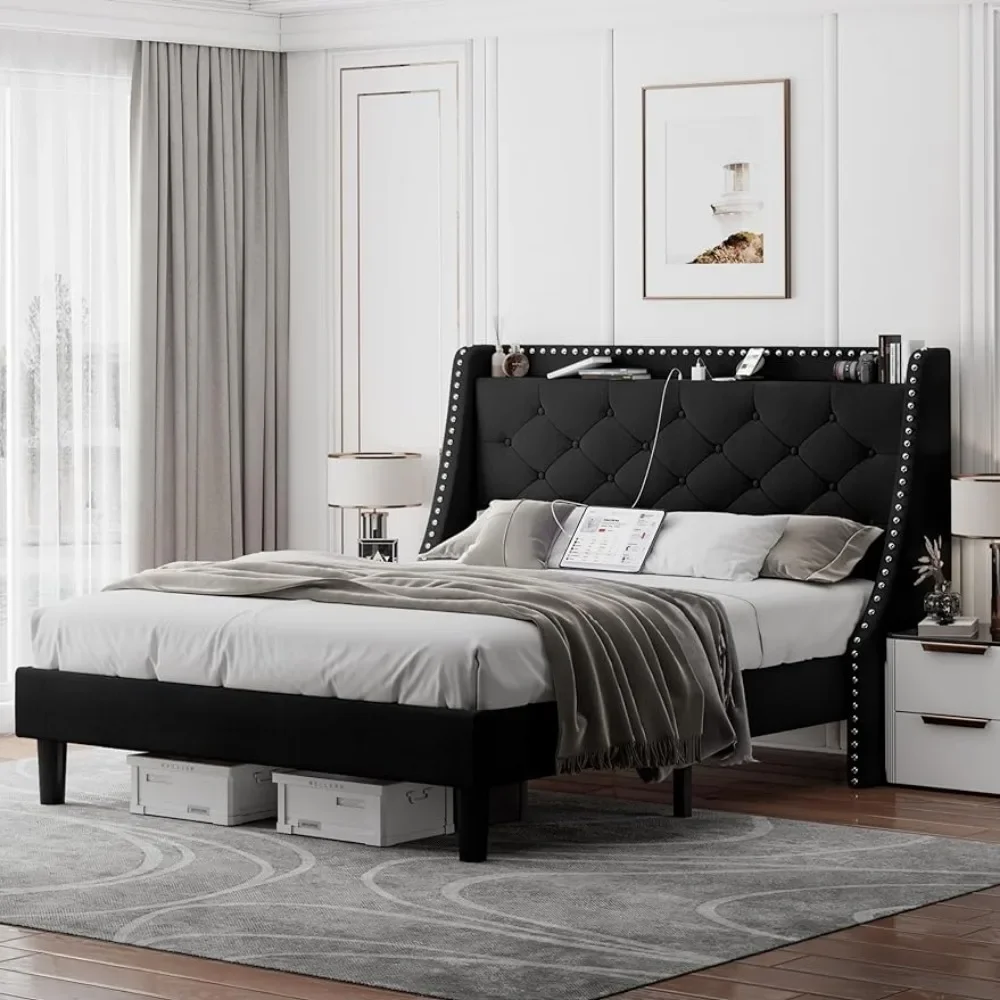 

Full Bed Frame with Luxury Wingback Upholstered Button Tufted Storage Headboard,Bed with Charging Station,Black Bed Frame