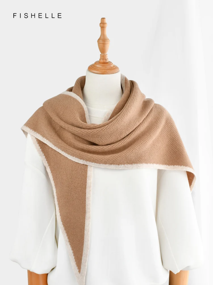 

Contrast edge solid classic camel pure wool triangular scarf for women's winter warmth knitted wool small shawl female scarves