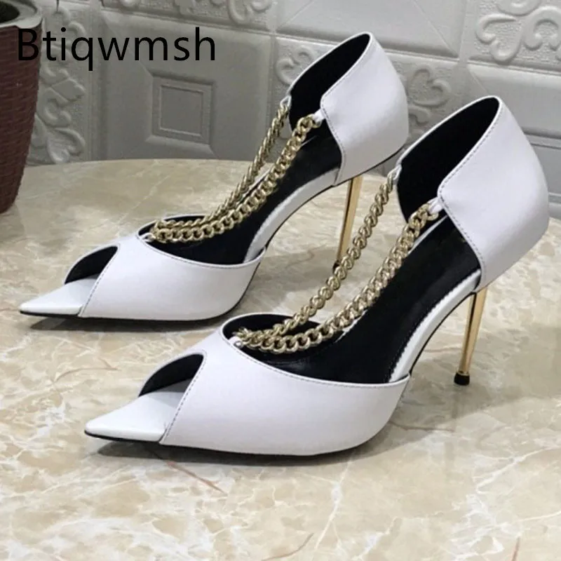 

White Sandals Woman Pointed Toe Gold Chain Strange Metal High Heels Lady Sexy Party Shoes
