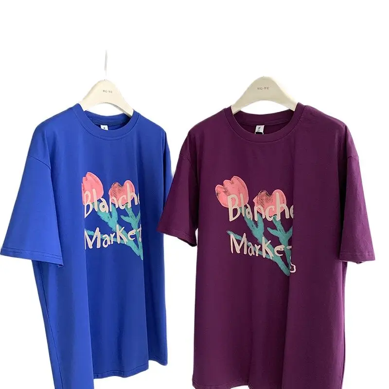

Tulip Printing Cotton T-shirt Women Summer Fashion Short Sleeves Round Neck Cotton T-shirt Loose Design
