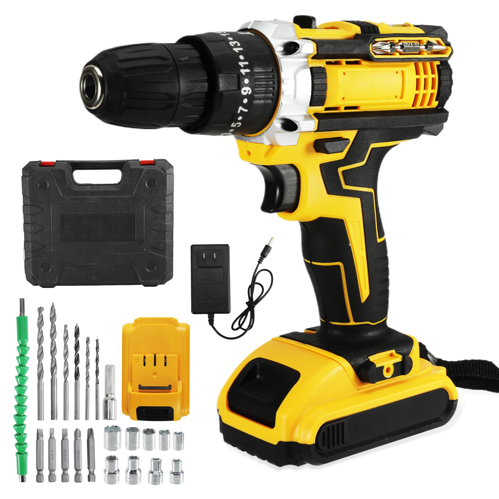 21V Cordless Impact Drill Set Charging Drilling Machine Electric Drill Set with 24+2 Torque Screwdriver Drill for Home DIY Wall