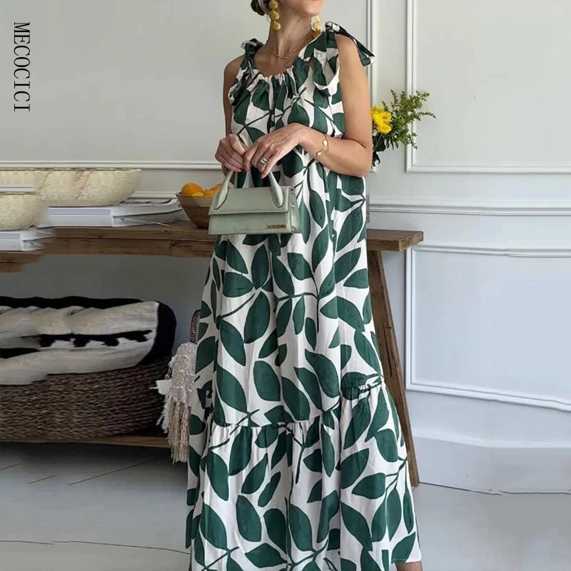 

MECOCICI Women Maxi Dresses Summer Fashion Casual Printing Round Neck Lace Up Sleeveless Pleated Loose Holiday Beach Dresses