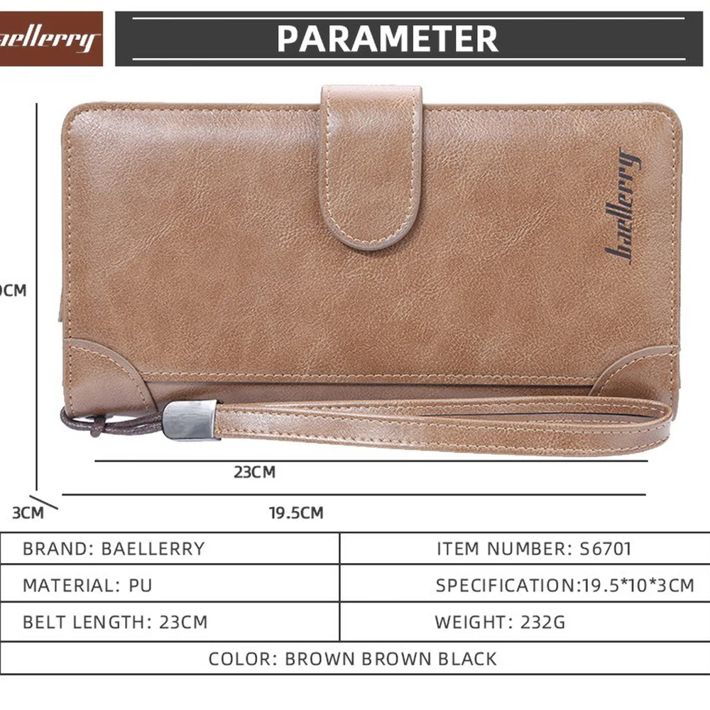 Baellerry Men's Long PU Wallet with Snap Button & Zipper Large Capacity Multi - Card Slots Organized Compartments Casual Clutch