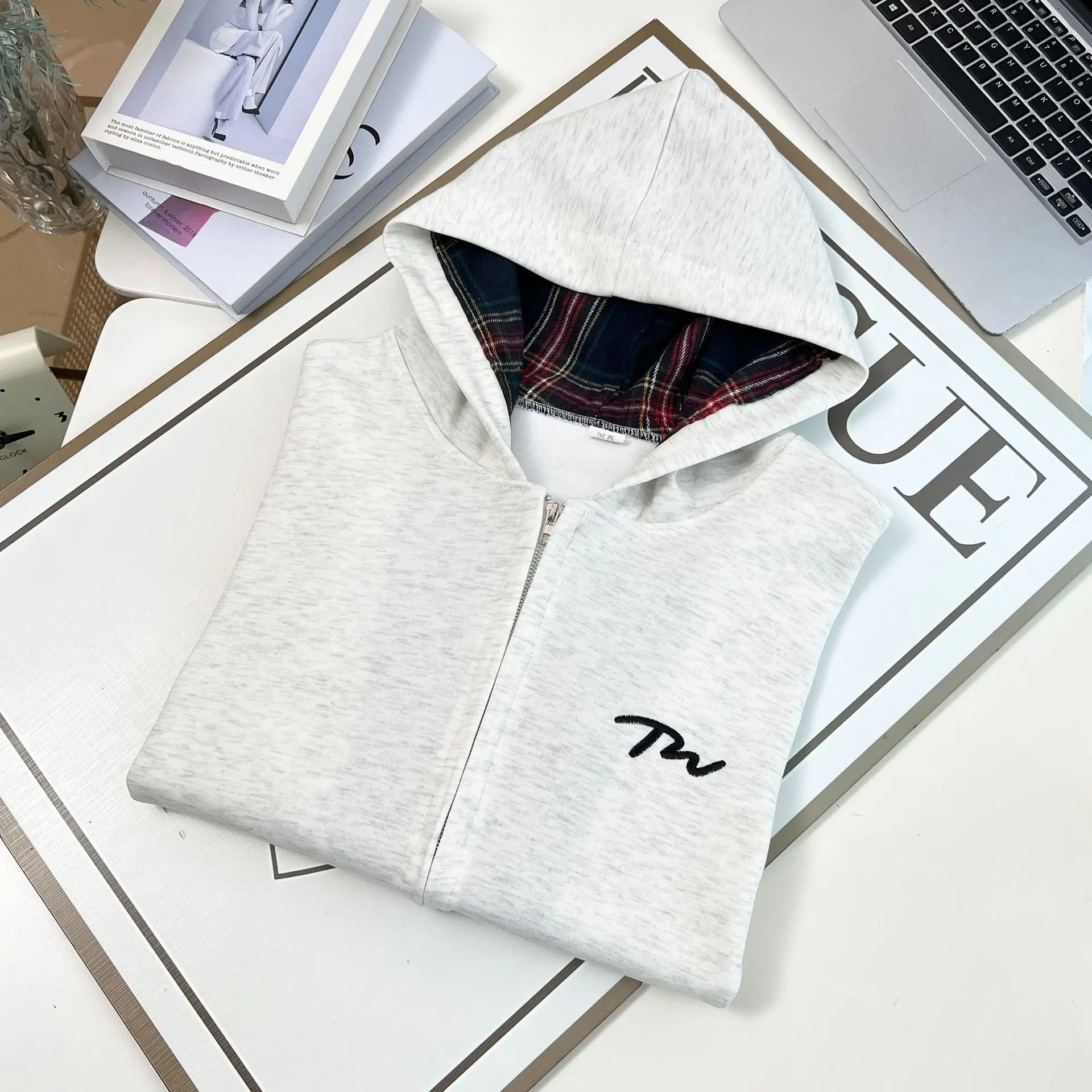 XXXXL Fashion Plus Size Women's Hoodies Casual Loose Plaid Inner Patchwork Hooded Sweatshirt Jacket