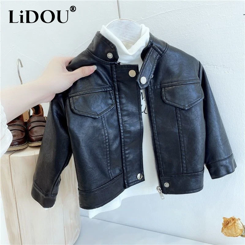 

Spring Autumn New Black Fashion Y2K Girls Leather Jacket Stand-Up Collar Korean Style Children Motorcycle Clothes Kids Boy Tops
