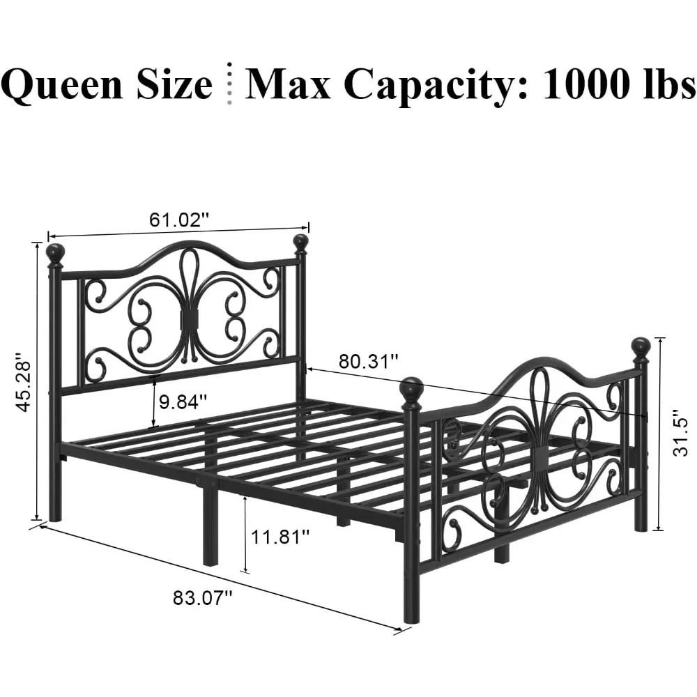 Bed Frame/Metal Platform Bed Frame with Butterfly Pattern Design Headboard and Footboard/Strong Metal Slats Support 2