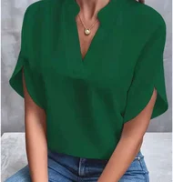 Summer Elegant Women's Blouse New V-neck Short Sleeve Solid Color Loose Shirt Casual White Tops Office Lady Blouses - Image 4