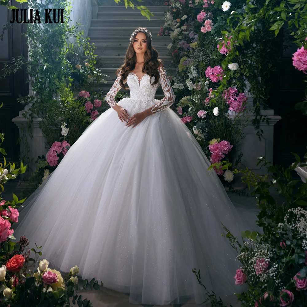 

Julia Kui New Arrival Full Sleeves Ball Gown Wedding Dresses Beading Pearls Appliques Lace Bridal Skits