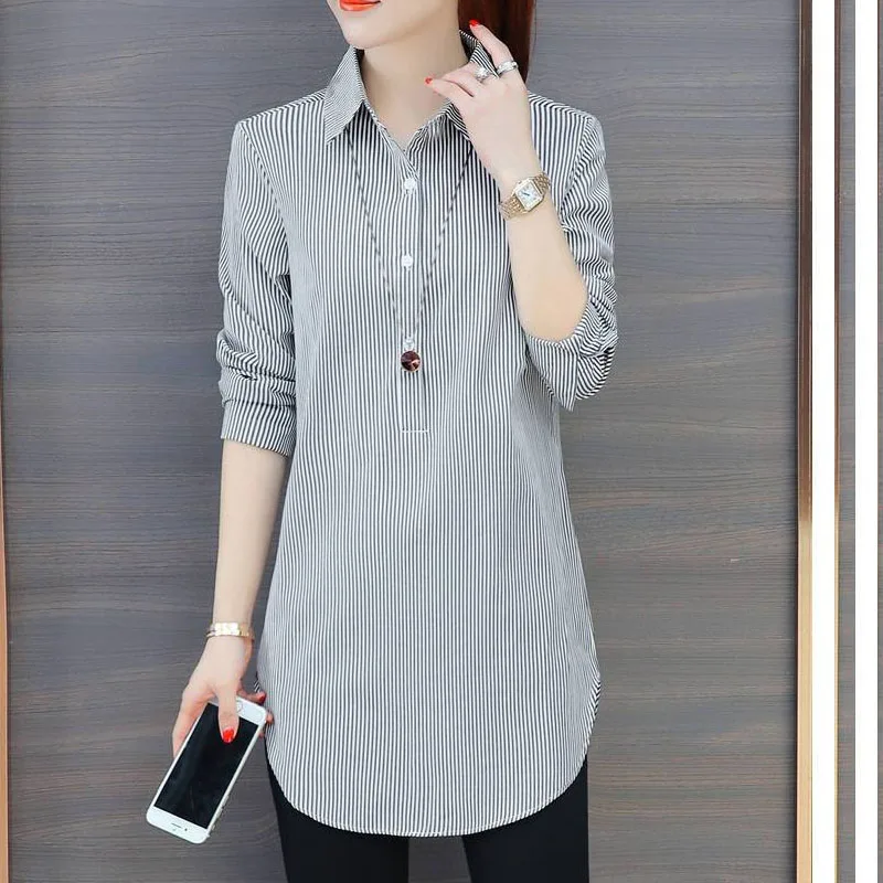 Fashion Striped Printing Oversize Women's Clothing 2023 Spring Casual POLO Collar Long Sleeve Women New Korean Shirt