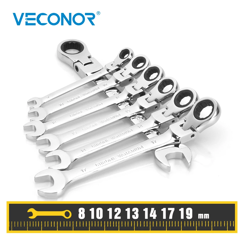 

8-19mm 7Pcs Ratchet Wrench Set of Multitools A Set of Keys Spanner Kit 72T Ratcheting Flexible Head Mirror Polished