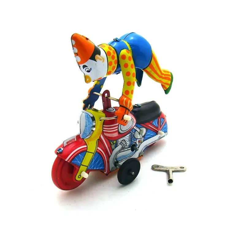 Adult Collection Retro Wind up toy Metal Tin clown on a motorcycle show acrobatics Clockwork toy figures vintage