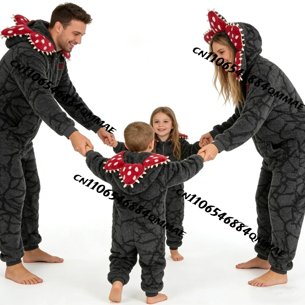 2026 Adult Kids Pajamas With Demogorgon Plant Design Flannel Fabric Onesie For Boys Girls, Soft Christmas Themed Jumpsuit