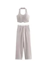 HH Women Fashion Solid Vest Pant Suit Single Breasted Halter Cropped Vests Top High Waist Patchwork Trouser Office Lady Sets - Image 3