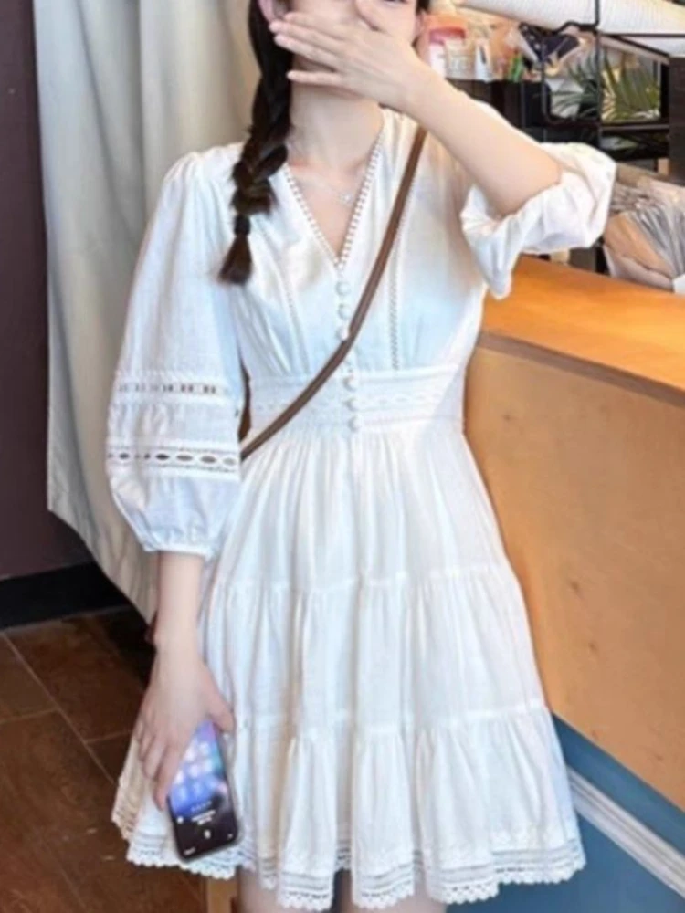 

New Summer Solid Color Lace Patchwork Ruffles Hollow Out Dress Women Lantern Puff Sleeve Buttons Sashes A Line Short Dresses