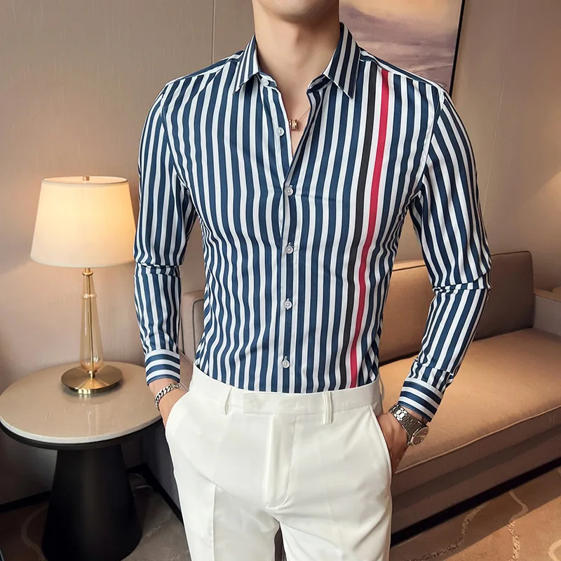 Men High Quality Stripe Long Sleeve Solid Color Formal Business Shirt Slim Brand Male Social Turn Down Dress Blouses S-4XL