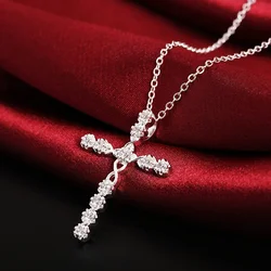 Elegant Blue Crystal Cross Pendant Necklace - 925 Sterling Silver Jewelry for Women, Perfect for Weddings and Birthdays (Silver)