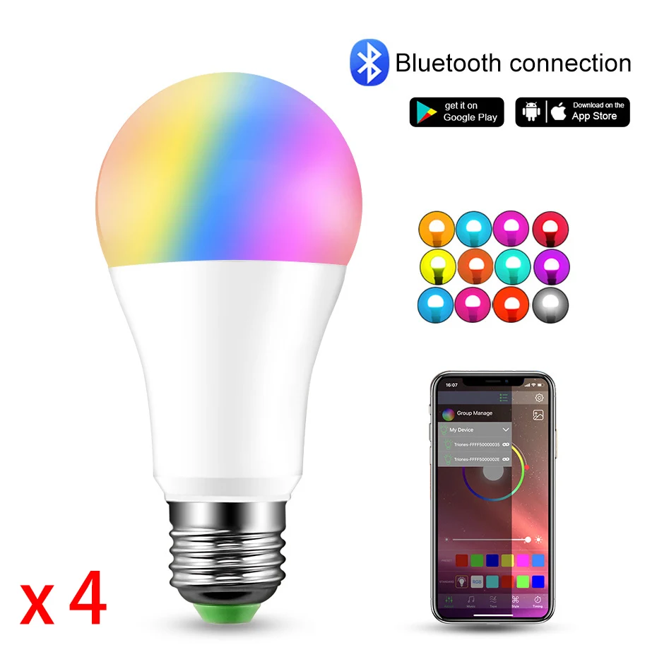 

4pcs Wireless Bluetooth Smart Bulb LED 15W RGB RGBW Magic Lamp E27 B22 Color Change Light Bulb Smart Home Lighting Dimmable