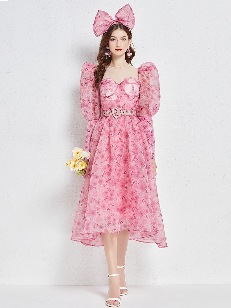

Fashion Women dress Designer Summer Pink Dress Women's Puff sleeve Sashes Floral print Elegant Holiday Midi frock