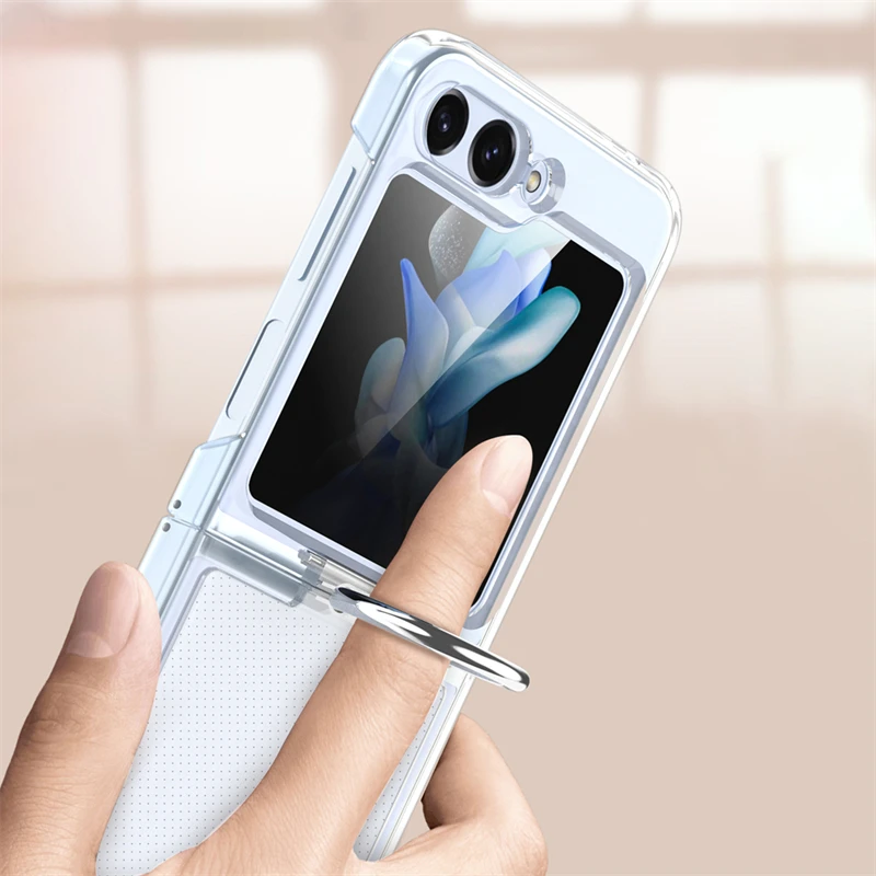 Solid Color Folding Case with Finger Ring Buckle - Shockproof Matte Clear Cover