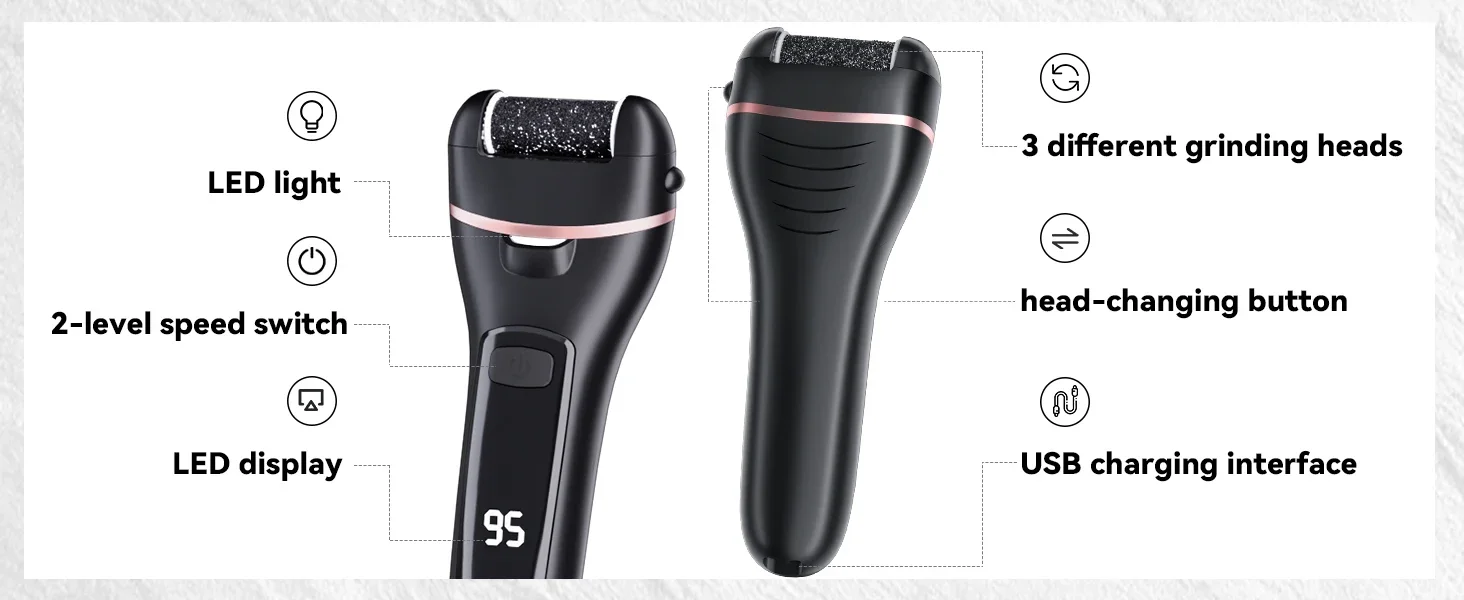 Description Picture 5 of itemElectric Callus Remover Professional Foot File Grinder 3 Heads Pedicure Machine Rechargeable Heel Cracked Dead Skin Scrubber