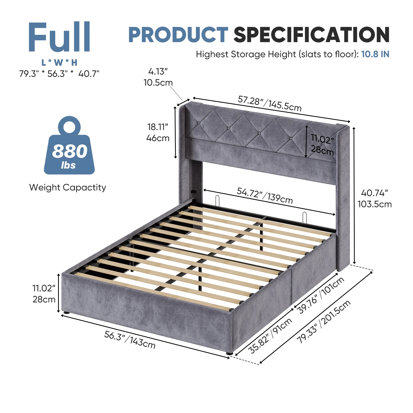 NEW Lift Up Storage Bed Modern Upholstered Platform Bed Frame with Wingback Head