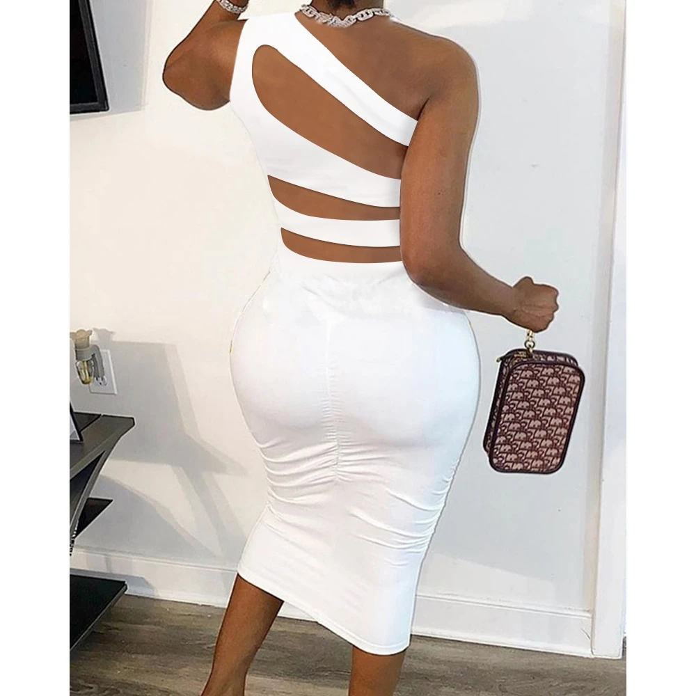 

Summer Women Ruched Cutout One Shoulder Casual Midi Dress Fashion Femme Party Skew Neck Bodycon Vacation Dress 2023 Lady Wear