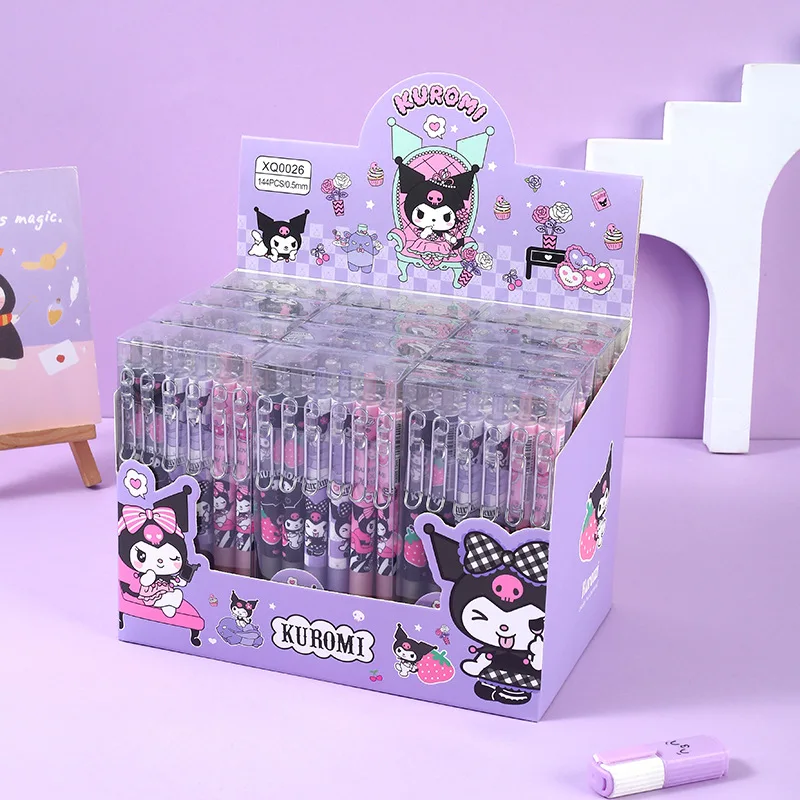 Sanrio 12pcs Cartoon Gel Pen Kawaii Hello Kitty Kuromi Cinnamoroll cancelleria 0.5 nero con gancio in metallo Office scrivi penne carine