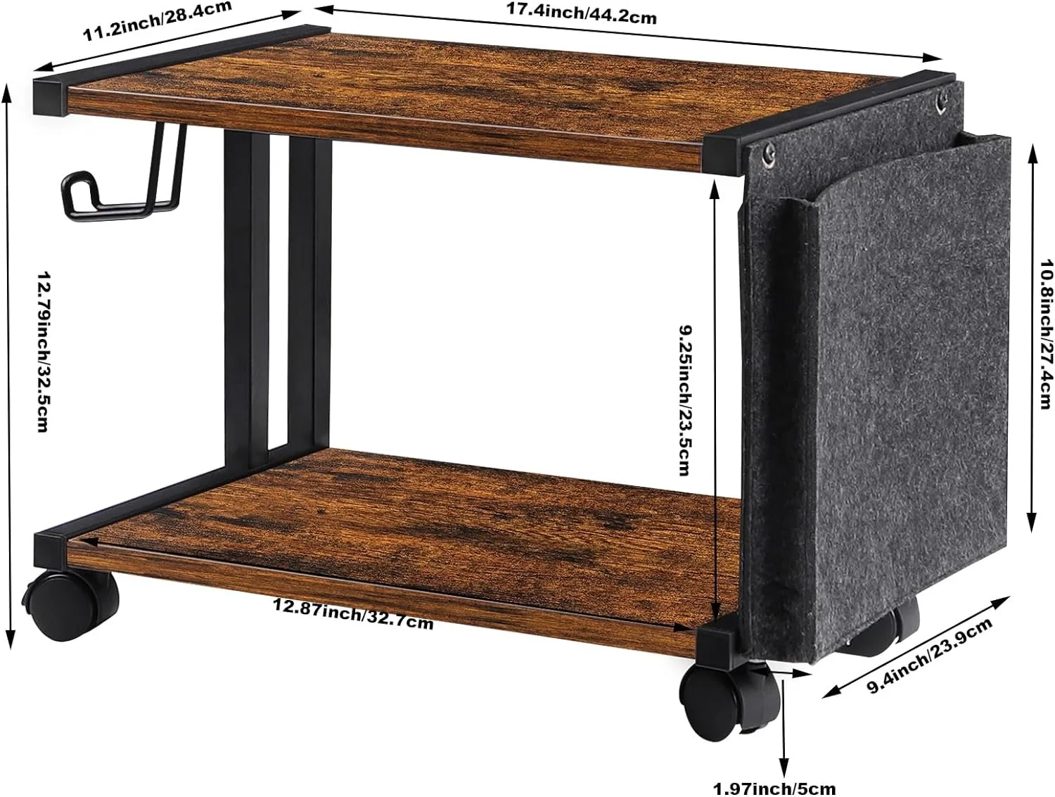 Printer Stand with Storage Bag Under Desk Printer Table on Wheels 2 Tier Small Desktop Rolling Stand Shelf  (Brown) 2