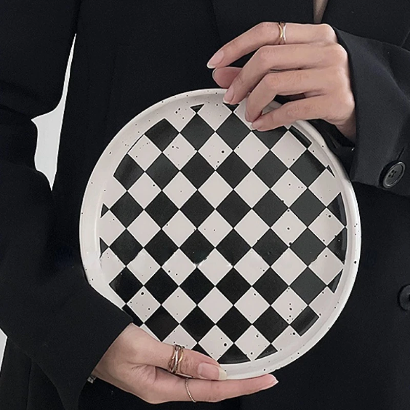 Retro Checkerboard Ceramic Plate Black and White Dessert Plate Cake