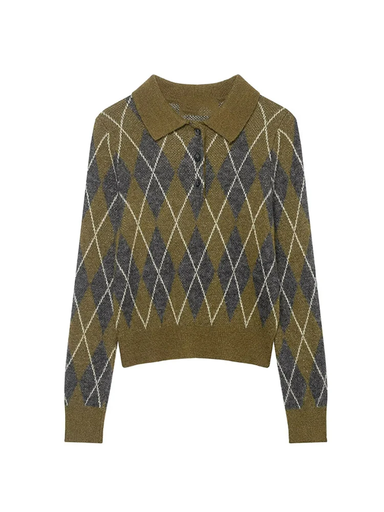 Women's Vintage Argyle Plaid Knitted Tops Causal Polo Collar Pullover Sweater Autumn New Ladies Classic Fashion Knitwear
