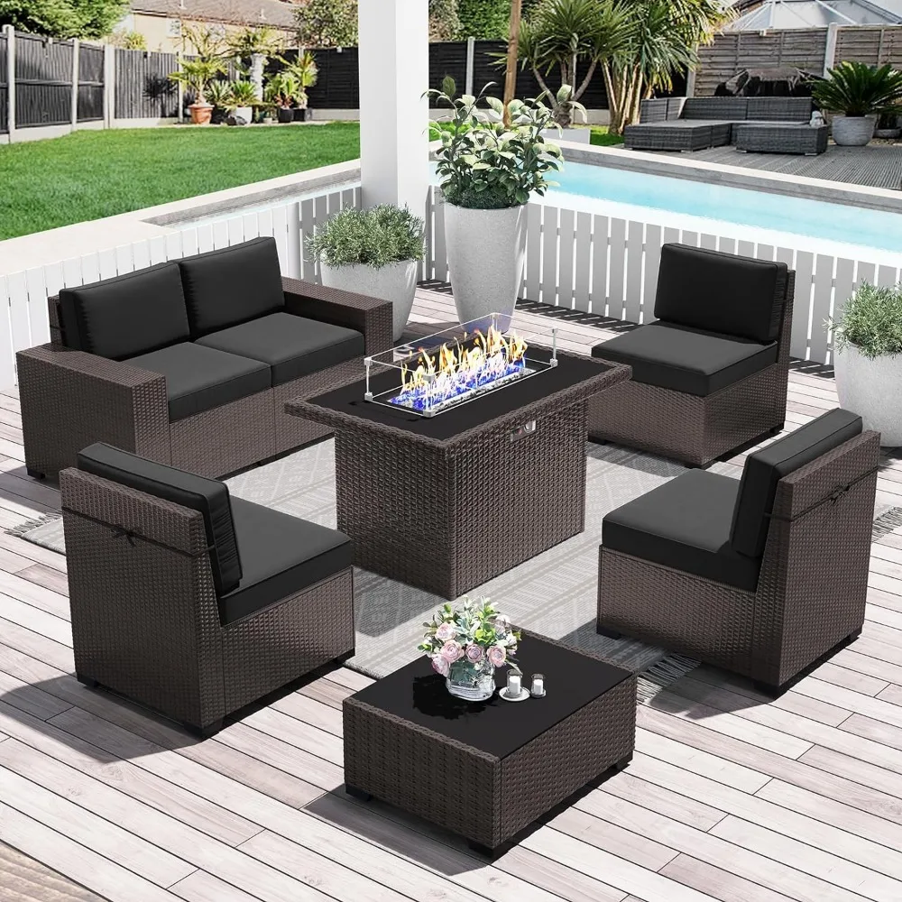 

7 Pieces Outdoor Patio Furniture Set With 44" Fire Pit Table Brown Rattan Sectional Sofa Conversation Sets Freight Free Camping