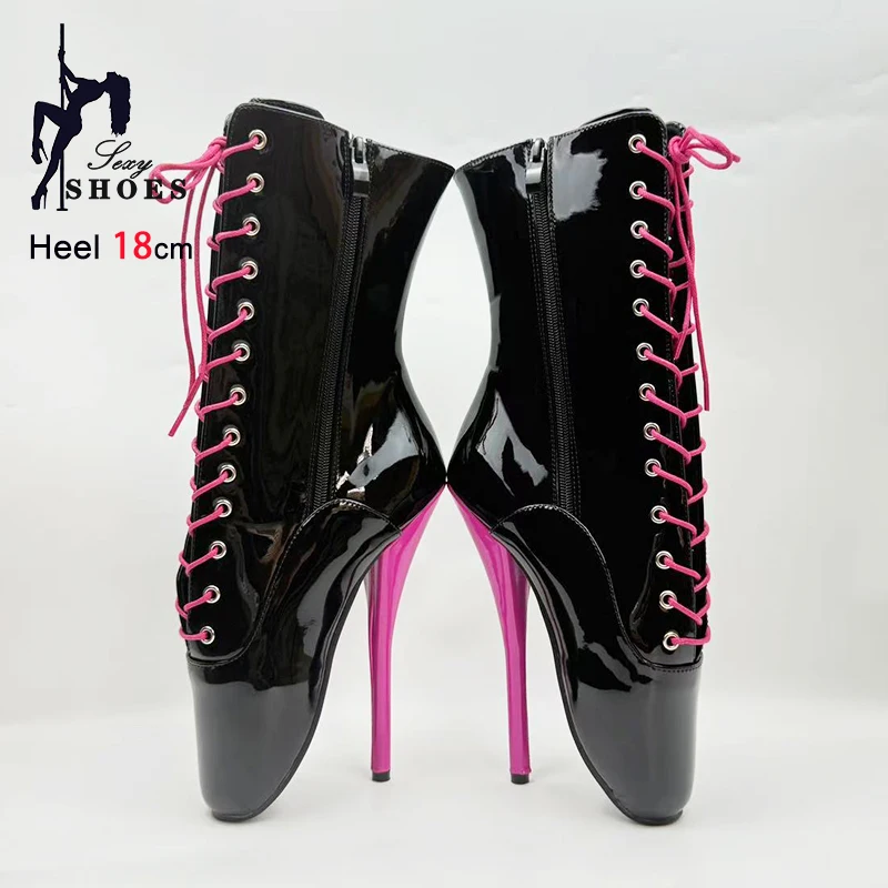 Big Size 36-46 Stiletto Pink Lace-up Ballet Boots 18CM/7'' Ultrahigh Heels Women Sexy Short Boots Extreme high heel Fetish Shoes