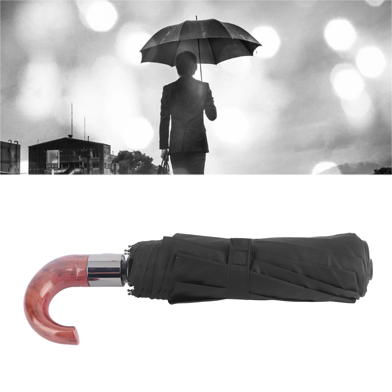 Folding Umbrella 10 Bone UV Protection Auto Open Auto Close Windproof Umbrella with Curved Wooden Handle for Men Women