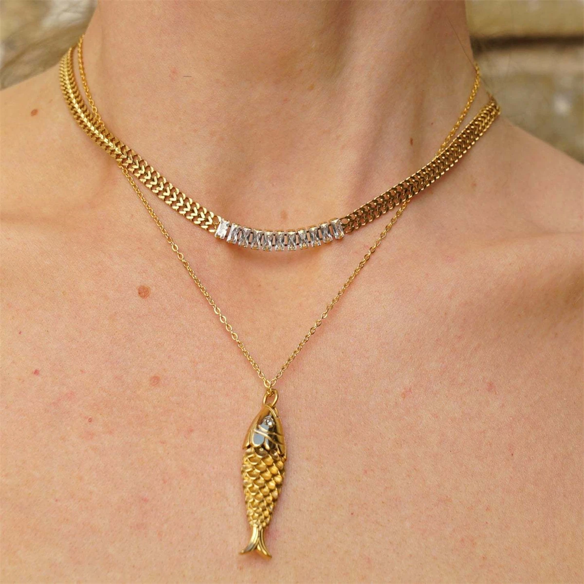 18 Karat vergoldete Halskette mit Karpfen-Anhänger und Zirkon-Diamant, Lucky Koi Hip-Hop-Schmuck