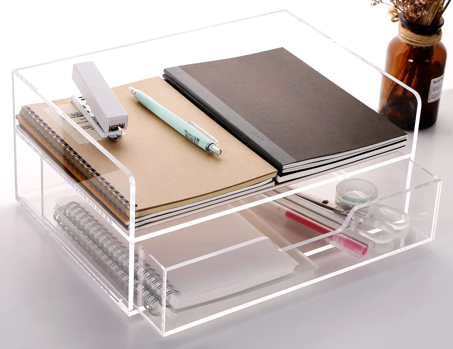SANRUI Acrylic Desk Organizer with Drawer , 2 Tier Paper Tray for Letter/A4 Printer Paper/Magazine, Home Office Supplies