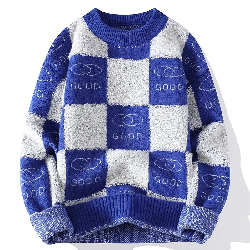 2024 New Fall Winter Handsome Plaid Sweater Men High End Mens Christmas Sweaters Thick Warm Pullover Korean Fashion Streetwear A