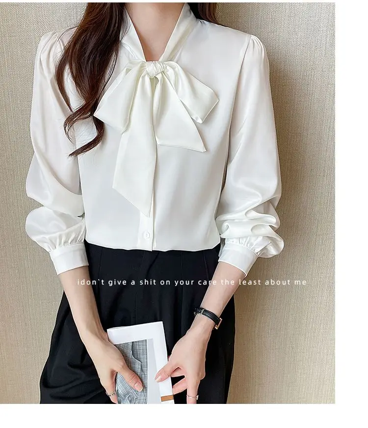 Korean Lacing Loose Solid Blouse Spring Autumn New Chiffon Long Sleeve All-match Elegant Shirt Tops Fashion Office Women Clothes