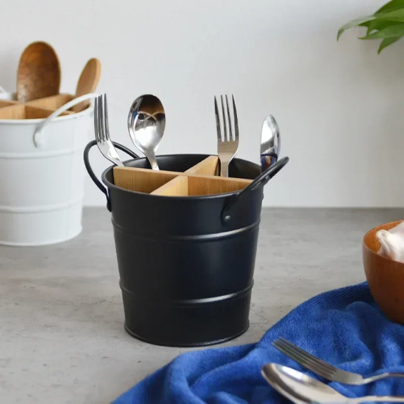Porta Posate Da Banco In Acciaio E Bambù - Organizzatore Per Cucina Con Scomparti Per Forchette, Cucchiai E Bacchette - Secchio Portautensili Nero