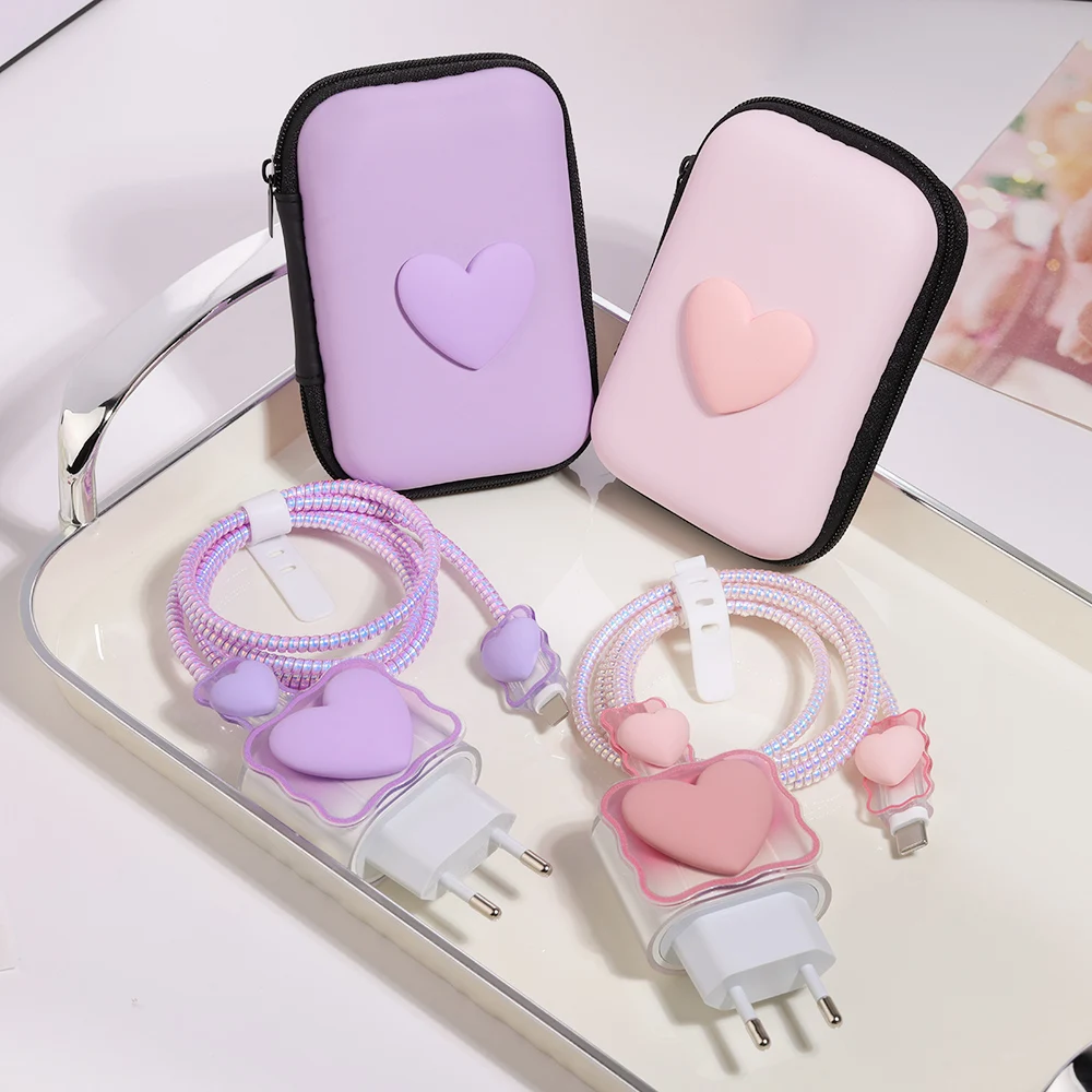 Storage Bag Travel Storage Bag Portable Charging Case USB Data Cable Organizer Headset Cable Bag Square Zipper With 3D Love Bow Pattern storage bag