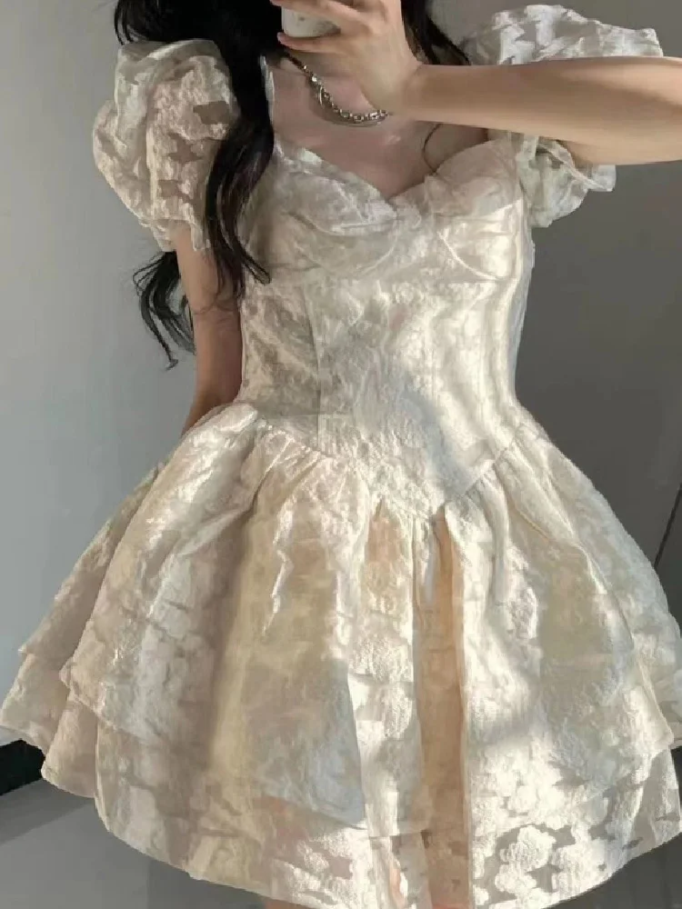 

French Fairy Elegant Sweet Women Dress Summer Designer Kawaii Dress Puff Sleeve Chic One Piece Party Short Dresses Female 2022