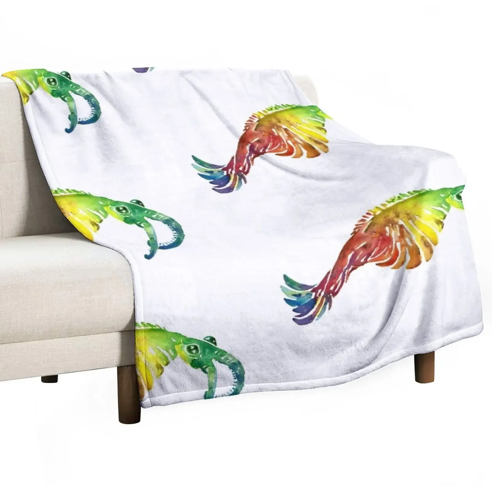 

Watercolor Fossil Anomalocaris in Rainbow Throw Blanket Bed decorative Blankets